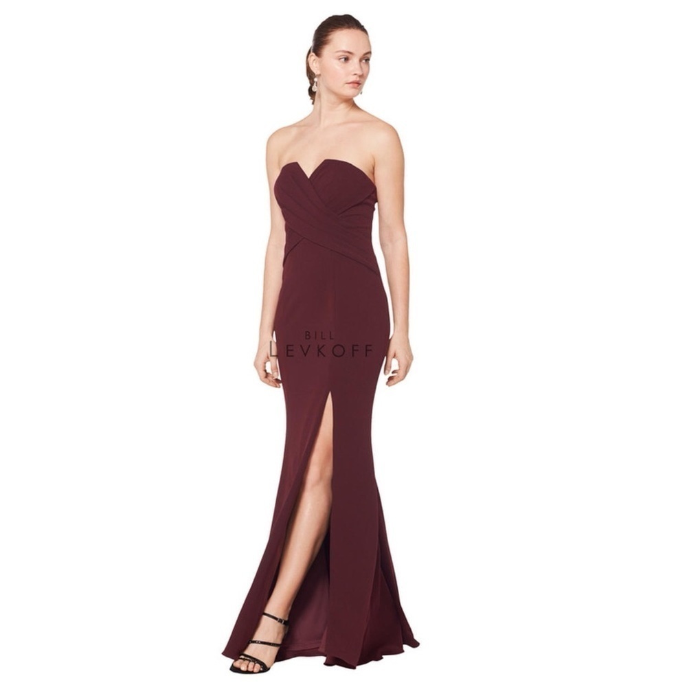 Bill Levkoff 1619 Strapless Burgundy Wine Bridesmaid Gown Front Slit Maxi Formal